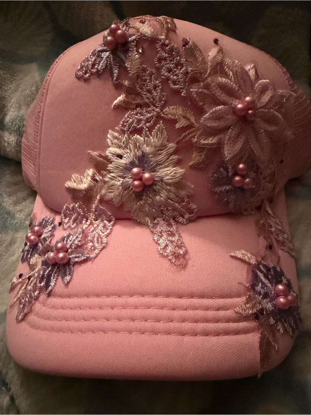 Embellished Pink Floral Baseball Cap - Women's Accessory